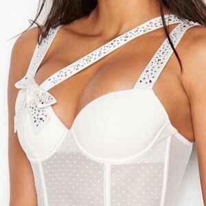 VS Dream Angels Rhinestone Long Bra Bustier w/Bow 36 C w/panties size M NWOT